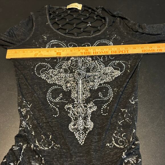 Davina Women’s Bling Cross Shirt Black Rhinestone Lattice Cutout Top NO SIZE TAG - Picture 6 of 6